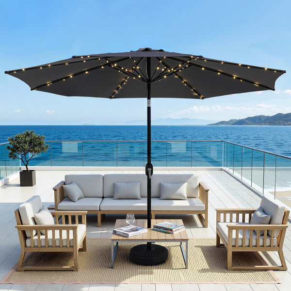 Instahut Outdoor Umbrella 2.9m Market Umbrella with String Light Tilt Charcoal Shade Awezingly