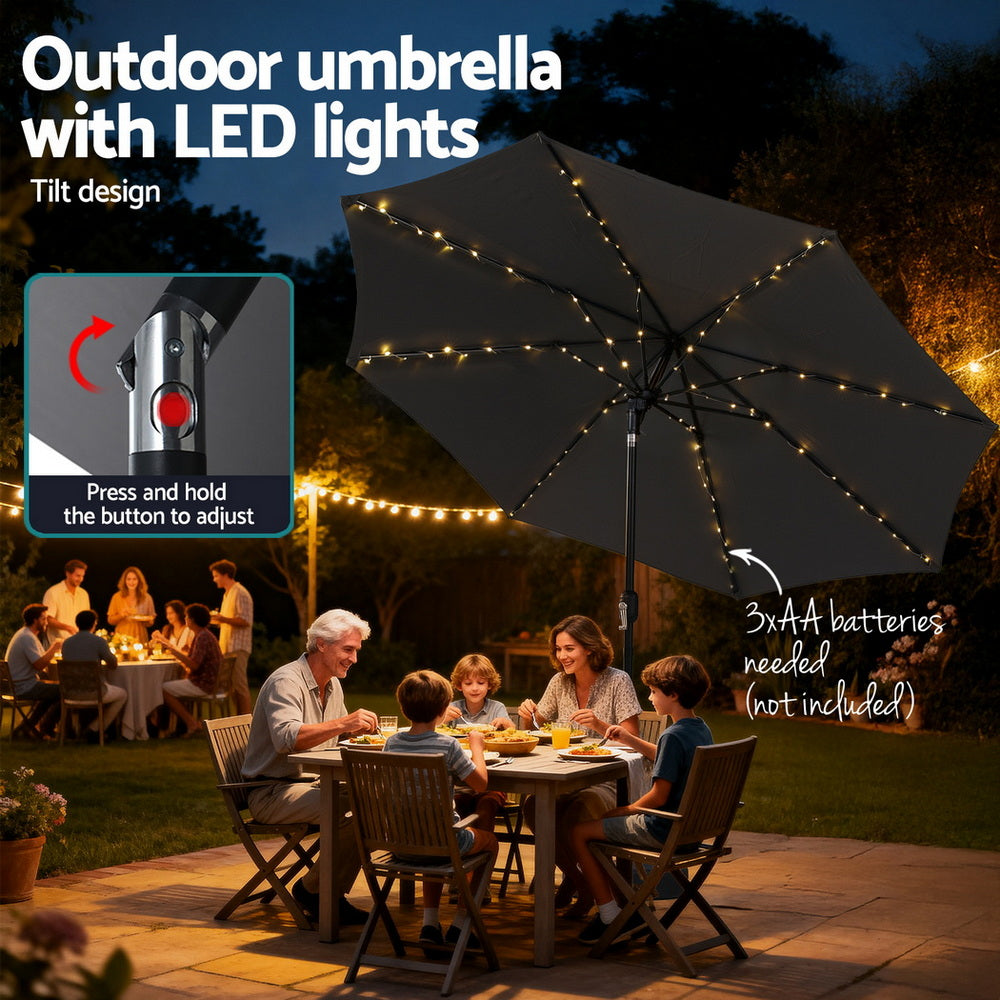 Instahut Outdoor Umbrella 2.9m Market Umbrella with String Light Tilt Charcoal Shade Awezingly