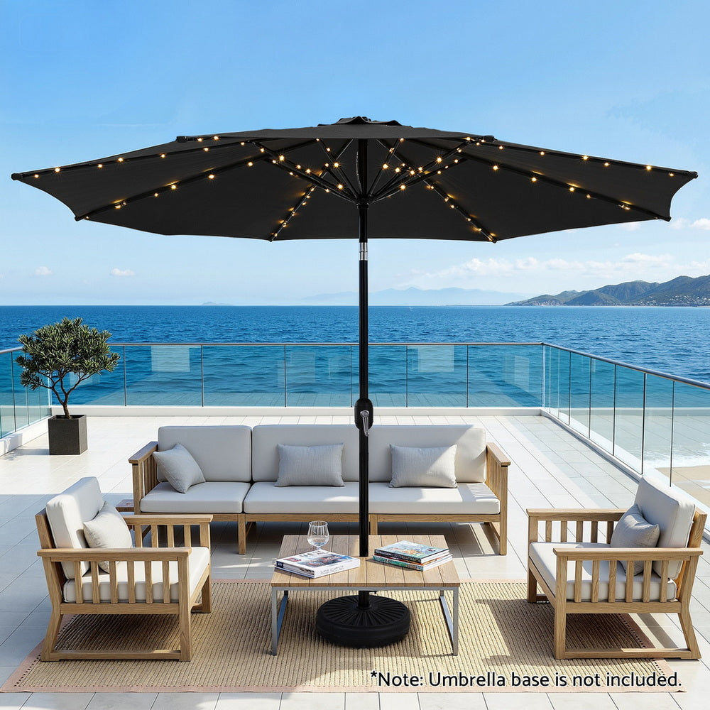Instahut Outdoor Umbrella 2.9m Market Umbrella with String Light Tilt Black Awezingly