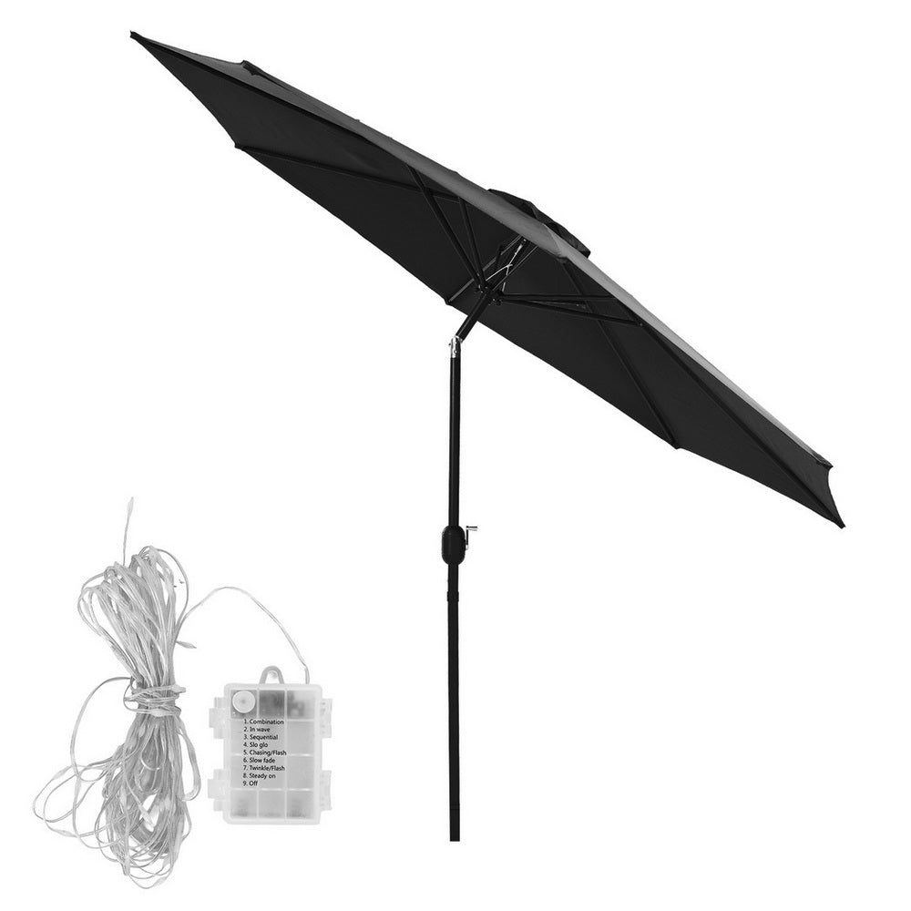 Instahut Outdoor Umbrella 2.9m Market Umbrella with String Light Tilt Black Awezingly
