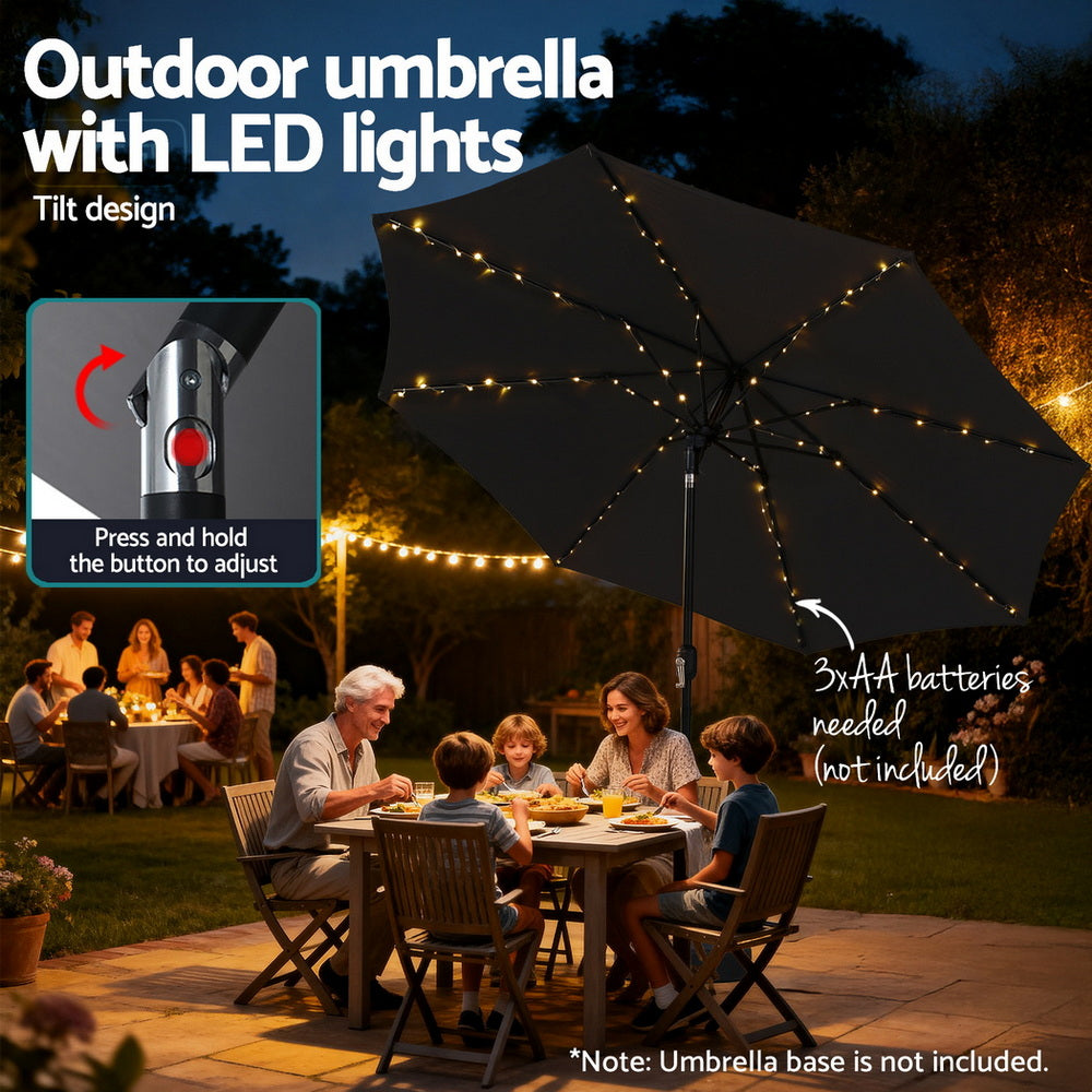 Instahut Outdoor Umbrella 2.9m Market Umbrella with String Light Tilt Black Awezingly
