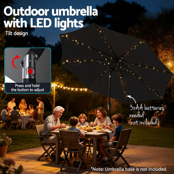 Instahut Outdoor Umbrella 2.9m Market Umbrella with String Light Tilt Black Awezingly