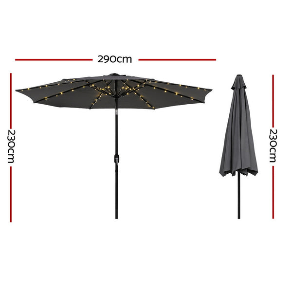 Instahut Outdoor Umbrella 2.9m Market Umbrella with String Light Tilt Charcoal Shade Awezingly
