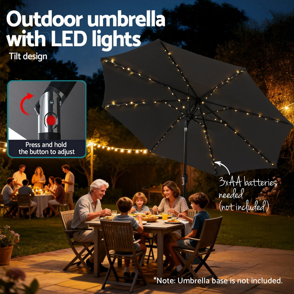 Instahut Outdoor Umbrella 2.9m Market Umbrella with String Light Tilt Charcoal Shade Awezingly