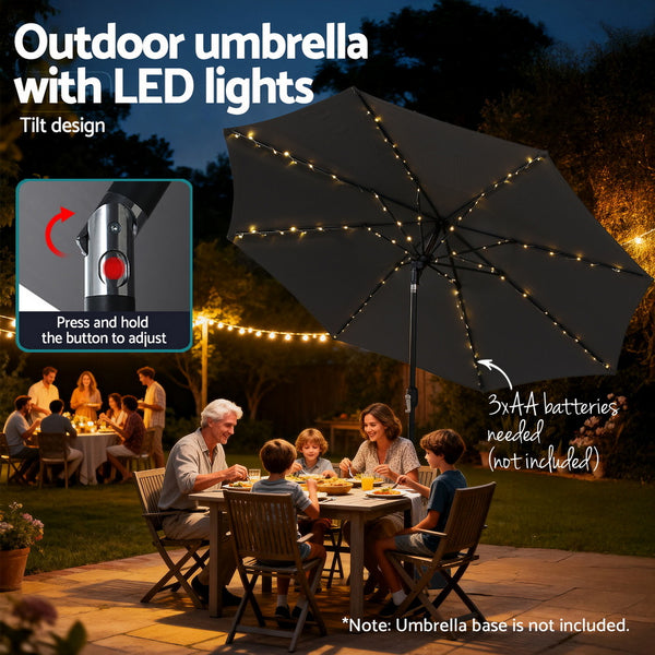Instahut Outdoor Umbrella 2.9m Market Umbrella with String Light Tilt Charcoal Shade Awezingly