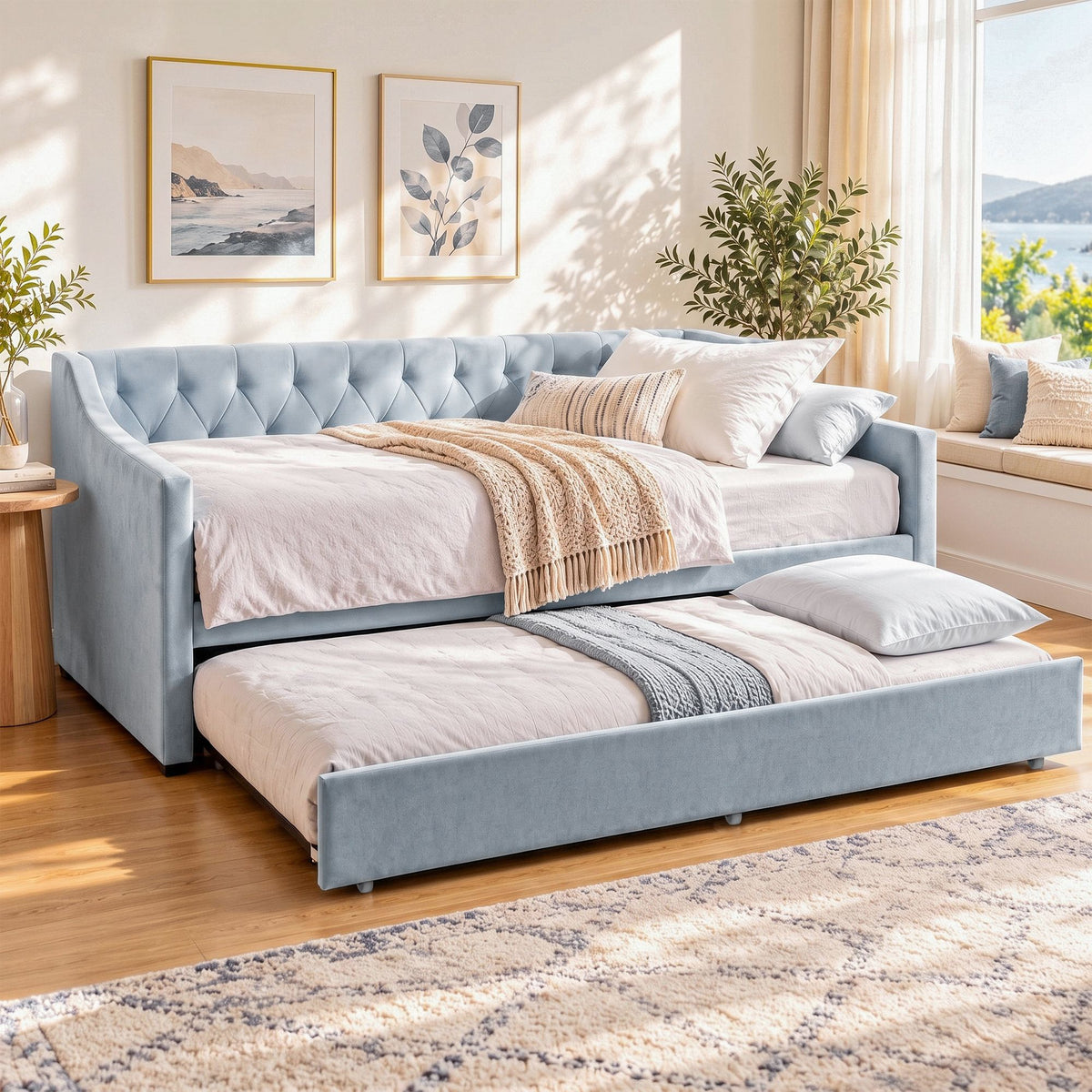 Artiss King Single Buttonless Tufted Daybed with Pull-Out Trundle, Light Blue Awezingly