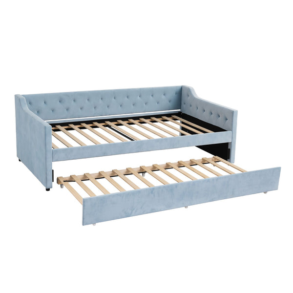 Artiss King Single Buttonless Tufted Daybed with Pull-Out Trundle, Light Blue Awezingly