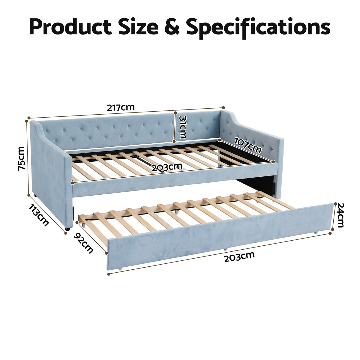 Artiss King Single Buttonless Tufted Daybed with Pull-Out Trundle, Light Blue Awezingly