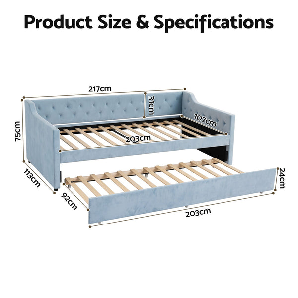 Artiss King Single Buttonless Tufted Daybed with Pull-Out Trundle, Light Blue Awezingly