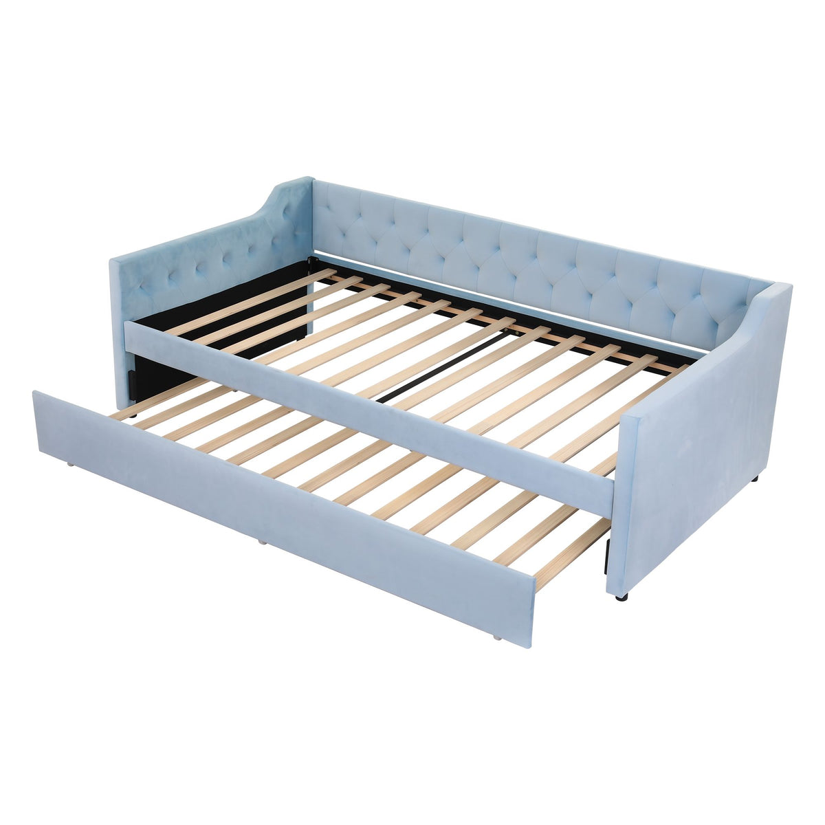 Artiss King Single Buttonless Tufted Daybed with Pull-Out Trundle, Light Blue Awezingly