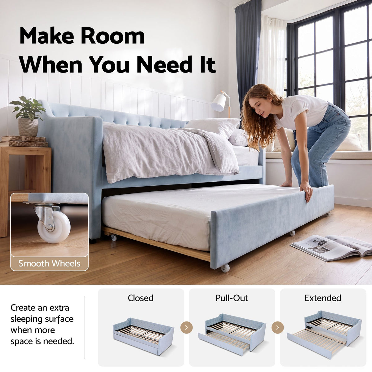 Artiss King Single Buttonless Tufted Daybed with Pull-Out Trundle, Light Blue Awezingly