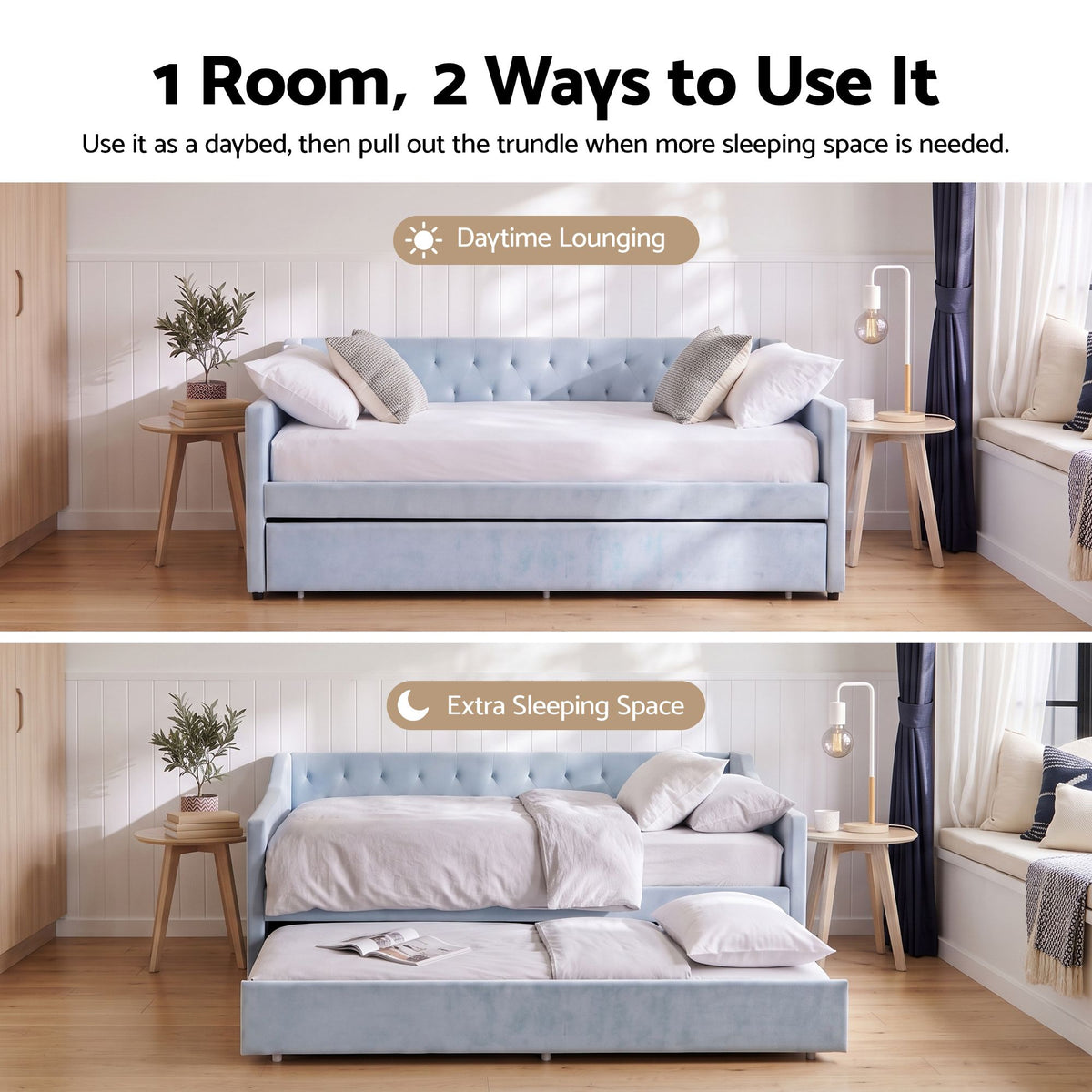 Artiss King Single Buttonless Tufted Daybed with Pull-Out Trundle, Light Blue Awezingly