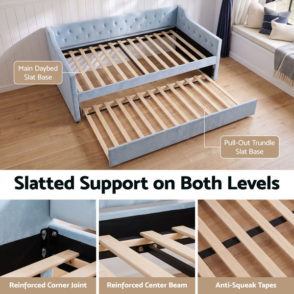 Artiss King Single Buttonless Tufted Daybed with Pull-Out Trundle, Light Blue Awezingly