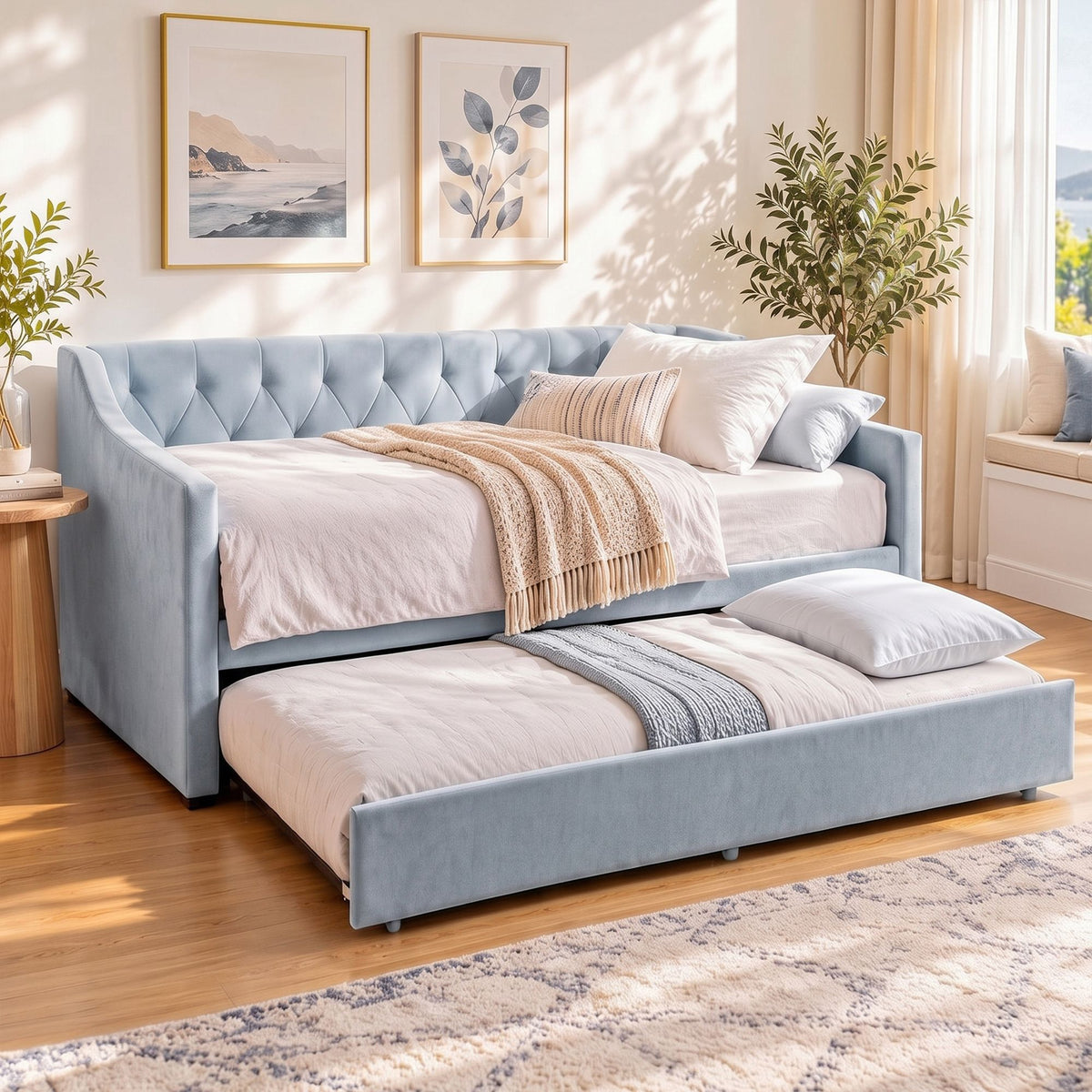 Artiss Single Buttonless Tufted Daybed Frame & Trundle, Blue Awezingly