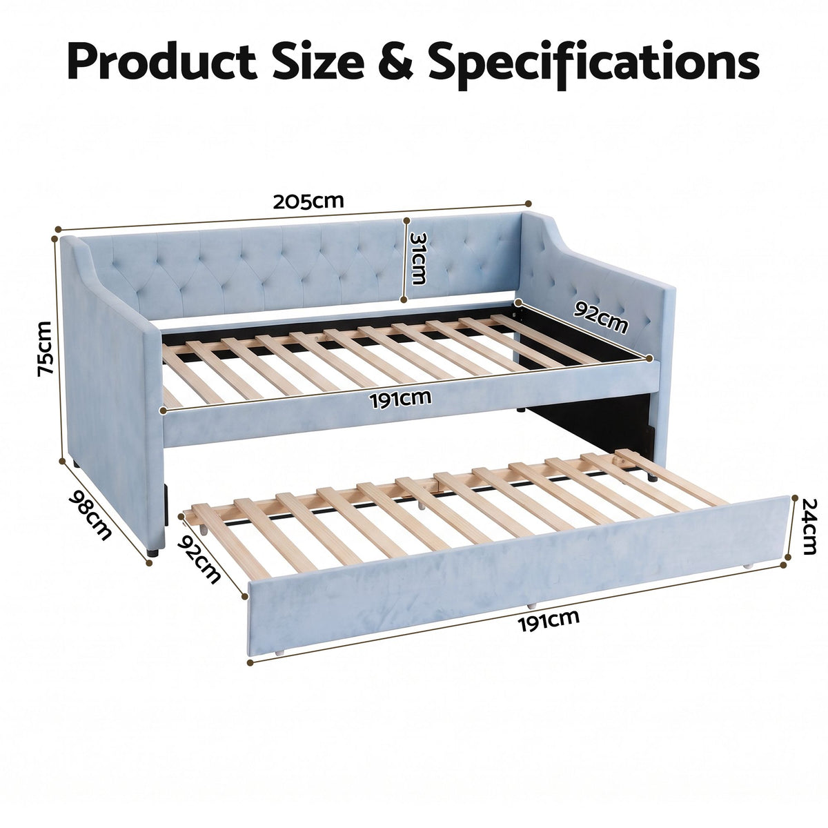 Artiss Single Buttonless Tufted Daybed Frame & Trundle, Blue Awezingly