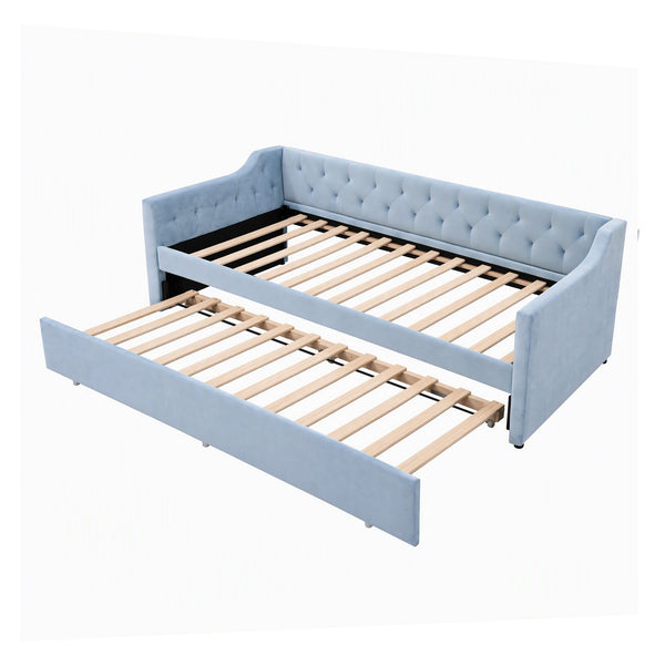 Artiss Single Buttonless Tufted Daybed Frame & Trundle, Blue Awezingly
