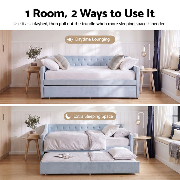 Artiss Single Buttonless Tufted Daybed Frame & Trundle, Blue Awezingly
