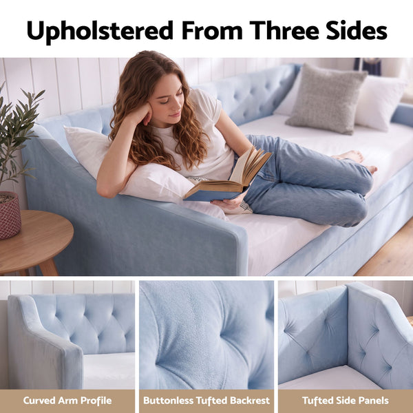 Artiss Single Buttonless Tufted Daybed Frame & Trundle, Blue Awezingly