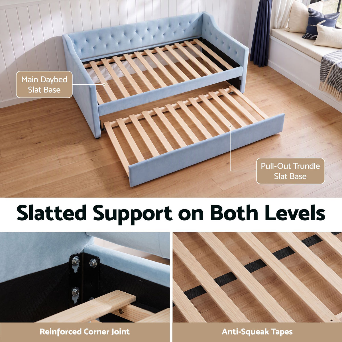 Artiss Single Buttonless Tufted Daybed Frame & Trundle, Blue Awezingly
