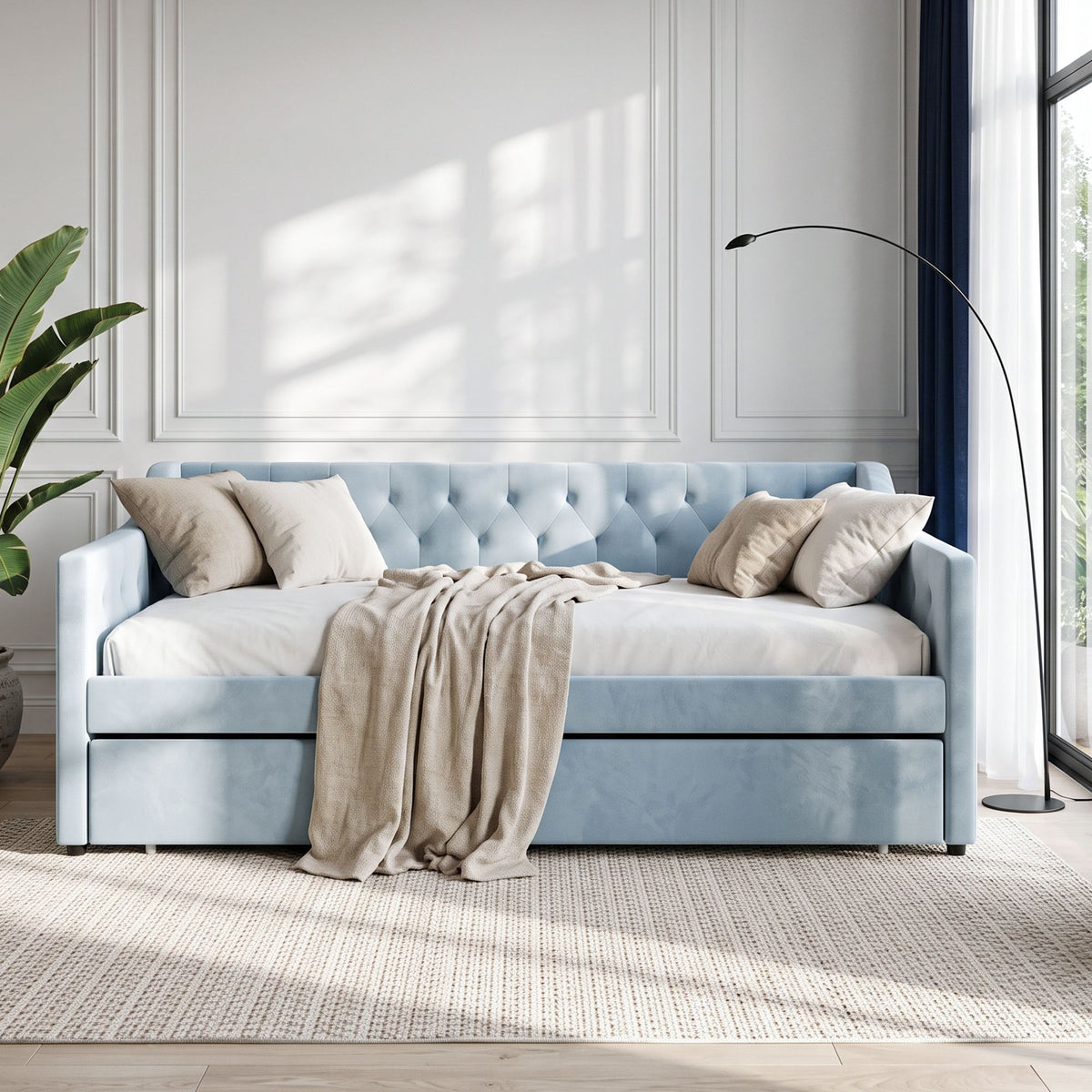 Artiss Single Buttonless Tufted Daybed Frame & Trundle, Blue Awezingly