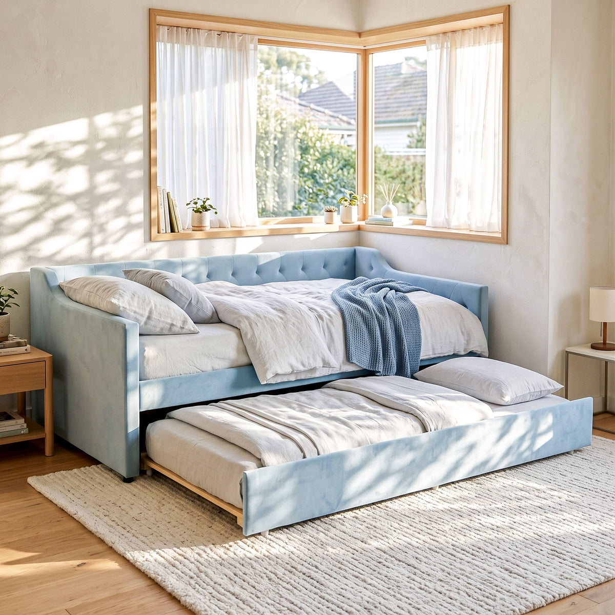 Artiss Single Buttonless Tufted Daybed Frame & Trundle, Blue Awezingly