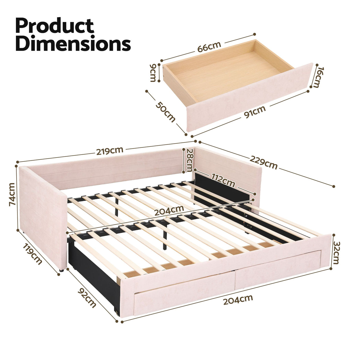 Artiss King Single Extendable Daybed with 2 Storage Drawers and USB, Pink Awezingly