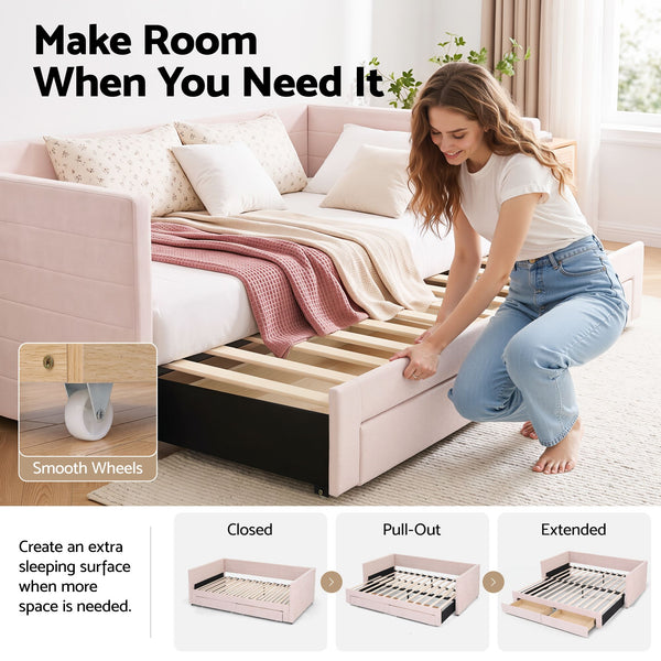 Artiss King Single Extendable Daybed with 2 Storage Drawers and USB, Pink Awezingly