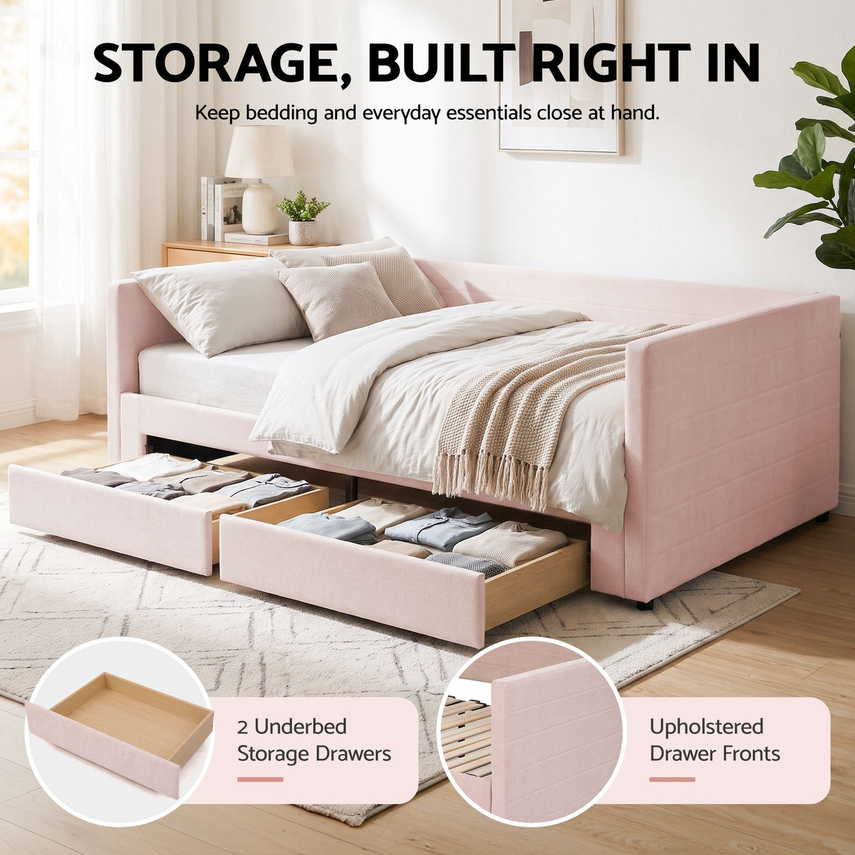Artiss King Single Extendable Daybed with 2 Storage Drawers and USB, Pink Awezingly