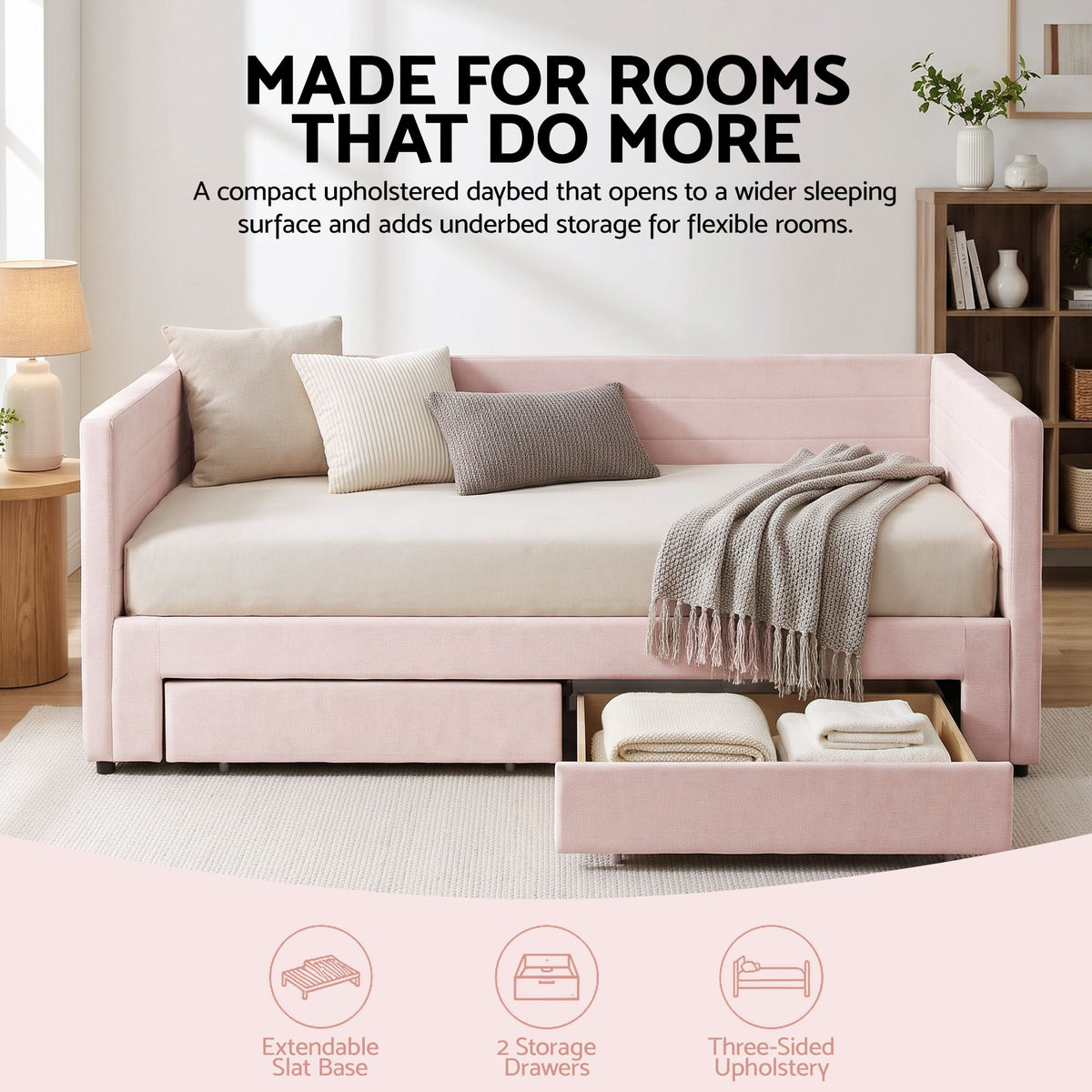 Artiss King Single Extendable Daybed with 2 Storage Drawers and USB, Pink Awezingly