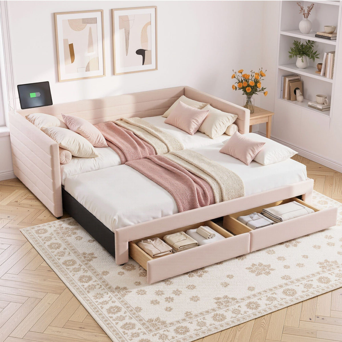 Artiss Single Extendable Daybed with 2 Storage Drawers, Pink Awezingly