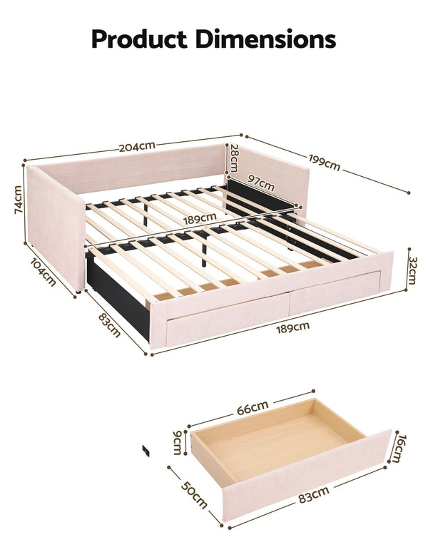 Artiss Single Extendable Daybed with 2 Storage Drawers, Pink Awezingly