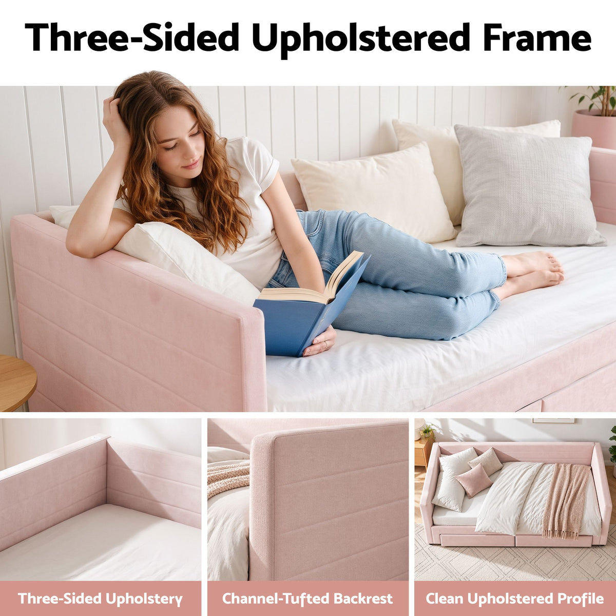 Artiss Single Extendable Daybed with 2 Storage Drawers, Pink Awezingly