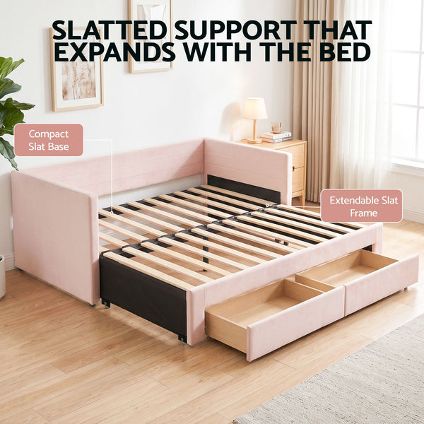 Artiss Single Extendable Daybed with 2 Storage Drawers, Pink Awezingly