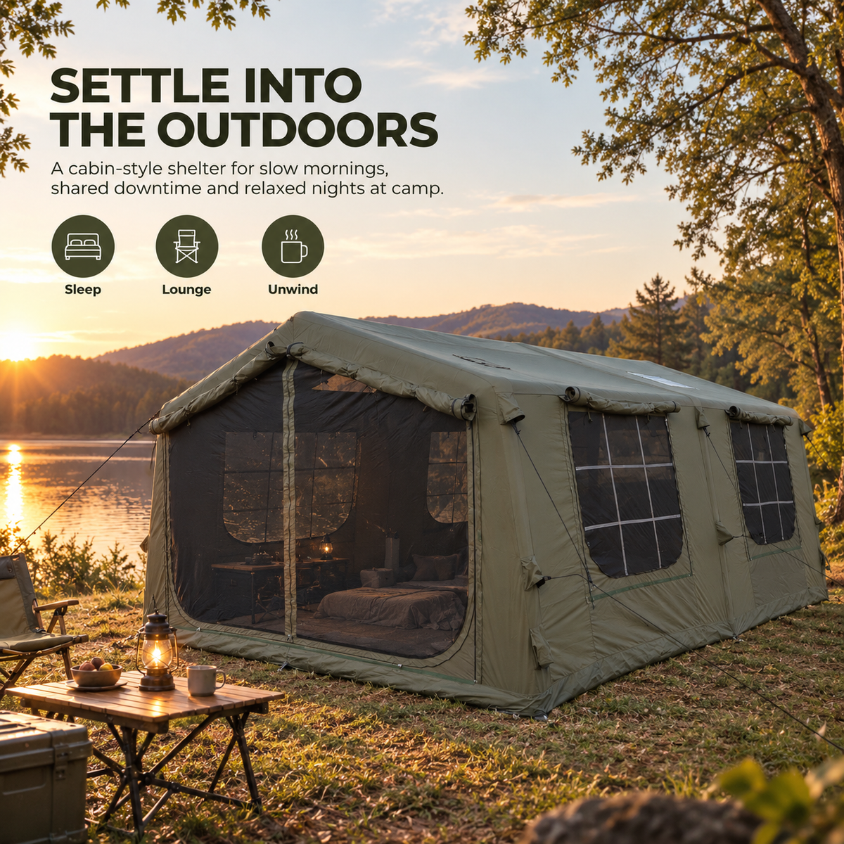 Weisshorn Inflatable Cabin Camping Tent Olive Green Mesh Entry 520x360cm Awezingly