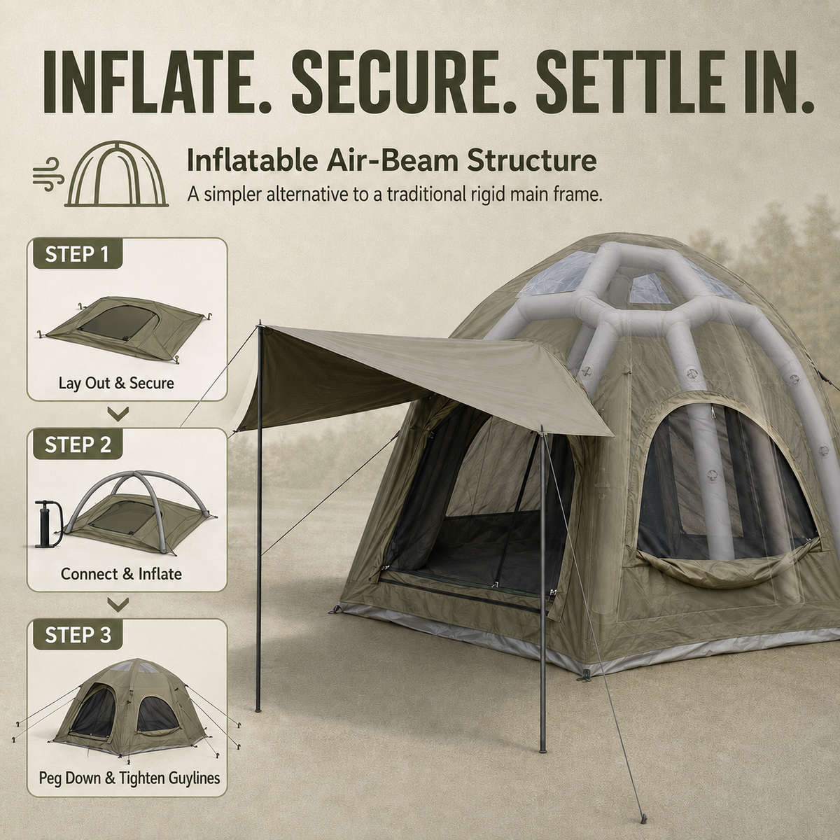 Weisshorn 4 Person Inflatable Camping Tent TC Canvas Sun Shade Rain-Ready Awezingly