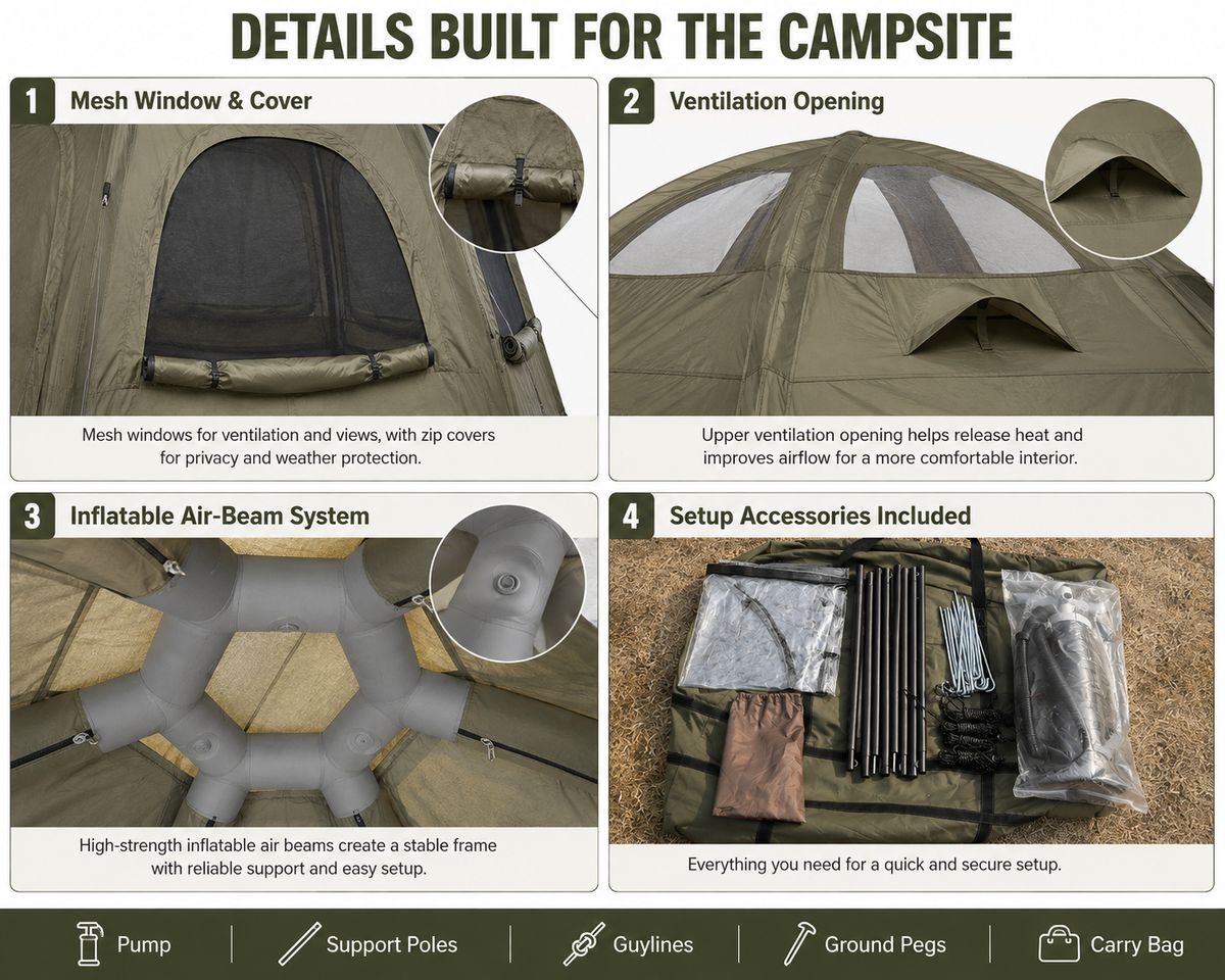 Weisshorn 4 Person Inflatable Camping Tent TC Canvas Sun Shade Rain-Ready Awezingly