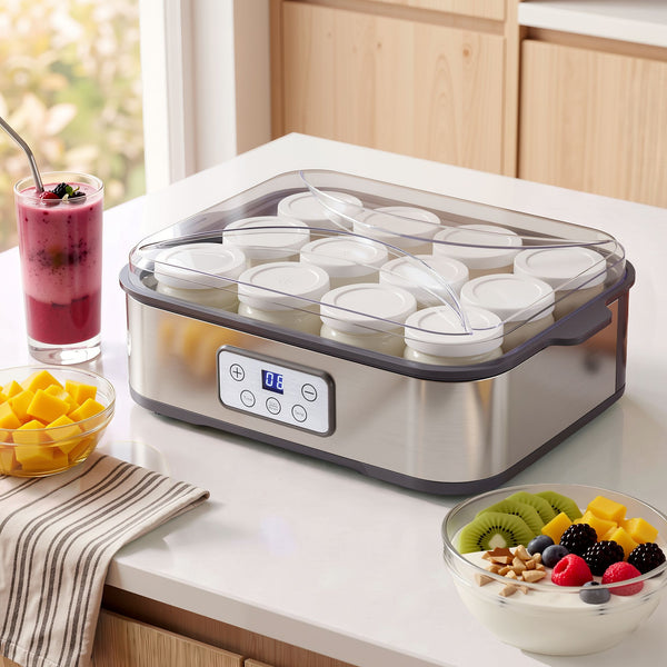 Devanti Yoghurt Maker Machine with 12x180ml Glass Cups Temp Control Grey Awezingly