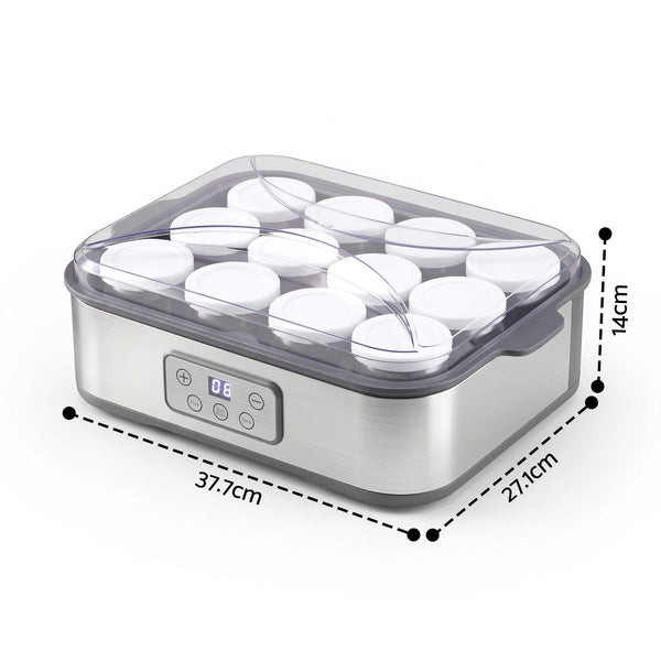 Devanti Yoghurt Maker Machine with 12x180ml Glass Cups Temp Control Grey Awezingly