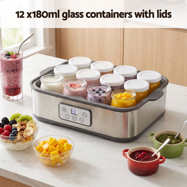 Devanti Yoghurt Maker Machine with 12x180ml Glass Cups Temp Control Grey Awezingly