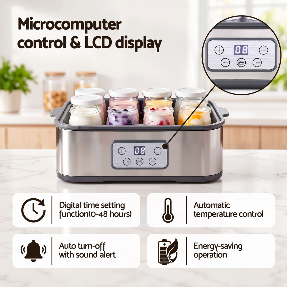 Devanti Yoghurt Maker Machine with 12x180ml Glass Cups Temp Control Grey Awezingly