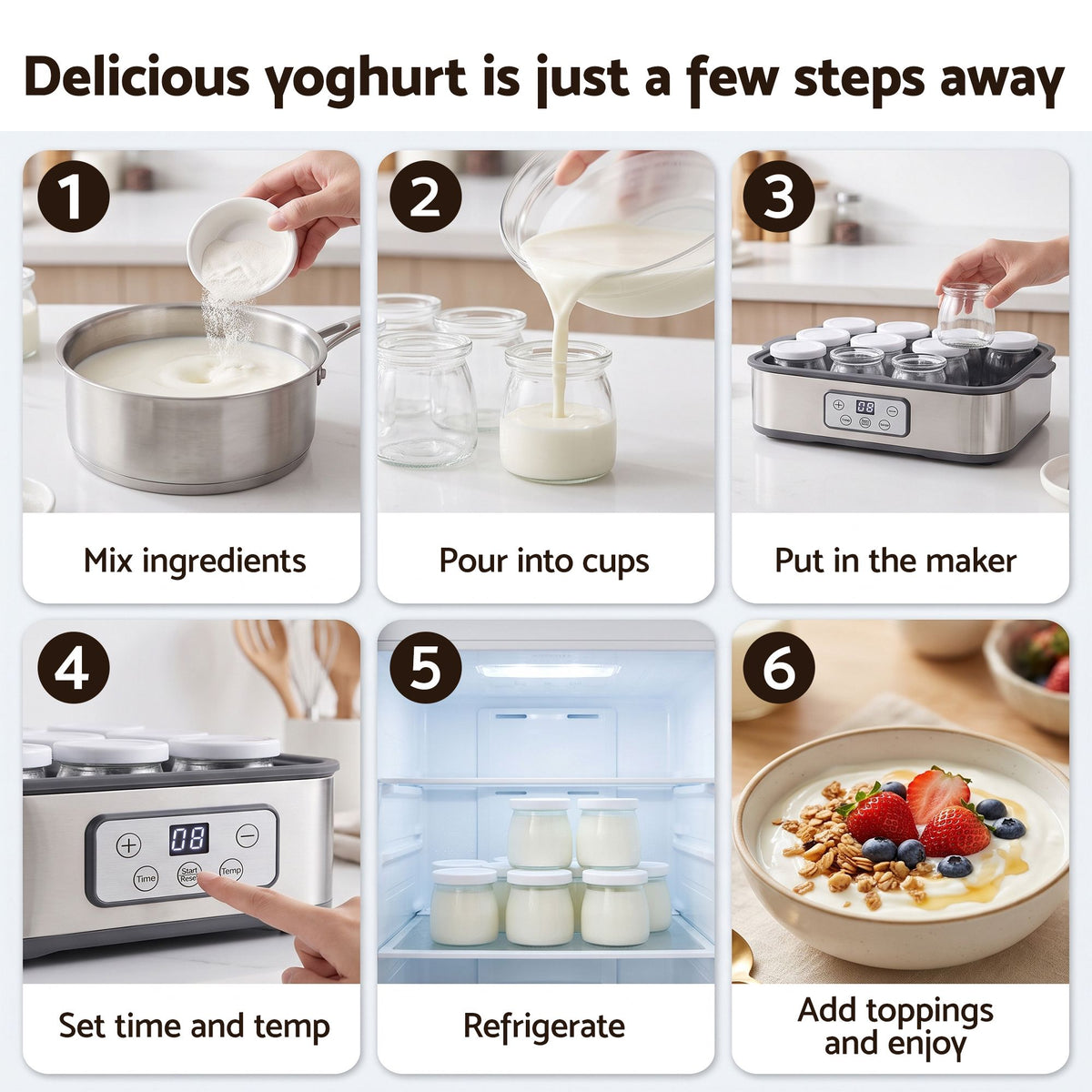Devanti Yoghurt Maker Machine with 12x180ml Glass Cups Temp Control Grey Awezingly