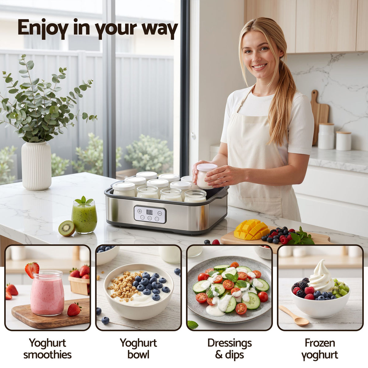 Devanti Yoghurt Maker Machine with 12x180ml Glass Cups Temp Control Grey Awezingly