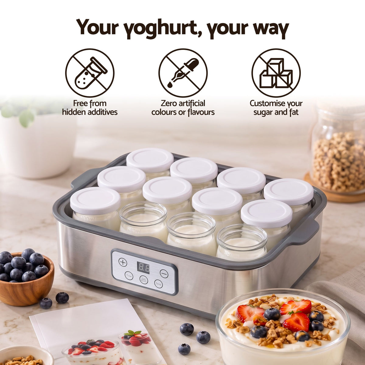 Devanti Yoghurt Maker Machine with 12x180ml Glass Cups Temp Control Grey Awezingly
