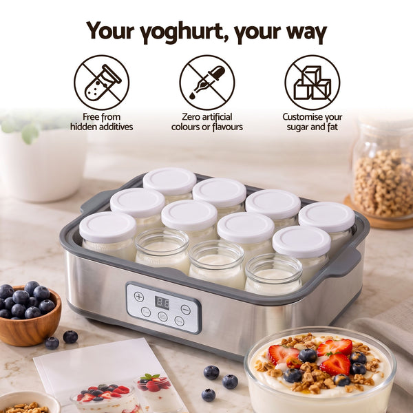Devanti Yoghurt Maker Machine with 12x180ml Glass Cups Temp Control Grey Awezingly