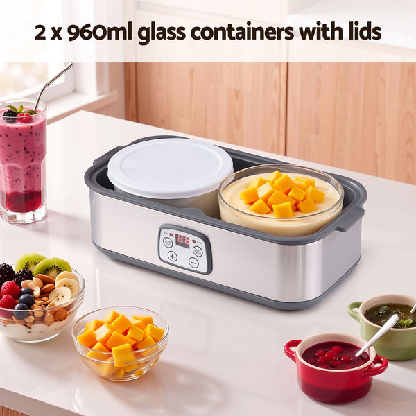 Devanti Greek Yoghurt Maker Machine 2x960ml Large Tubs Temp Control Grey Awezingly