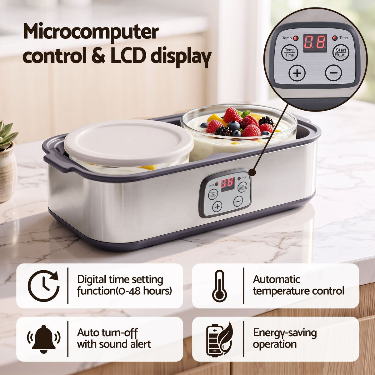 Devanti Greek Yoghurt Maker Machine 2x960ml Large Tubs Temp Control Grey Awezingly