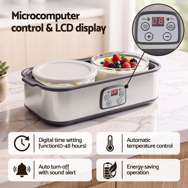 Devanti Greek Yoghurt Maker Machine 2x960ml Large Tubs Temp Control Grey Awezingly