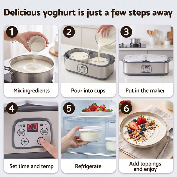 Devanti Greek Yoghurt Maker Machine 2x960ml Large Tubs Temp Control Grey Awezingly