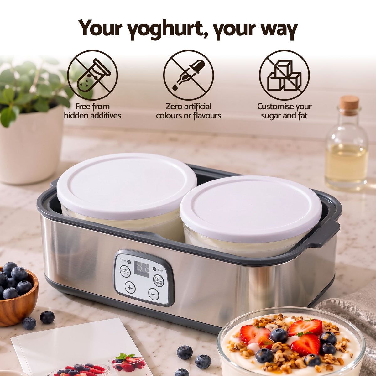 Devanti Greek Yoghurt Maker Machine 2x960ml Large Tubs Temp Control Grey Awezingly