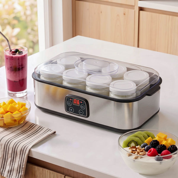 Devanti Yoghurt Maker Machine with 8x180ml Glass Cups Temp Control Black Awezingly